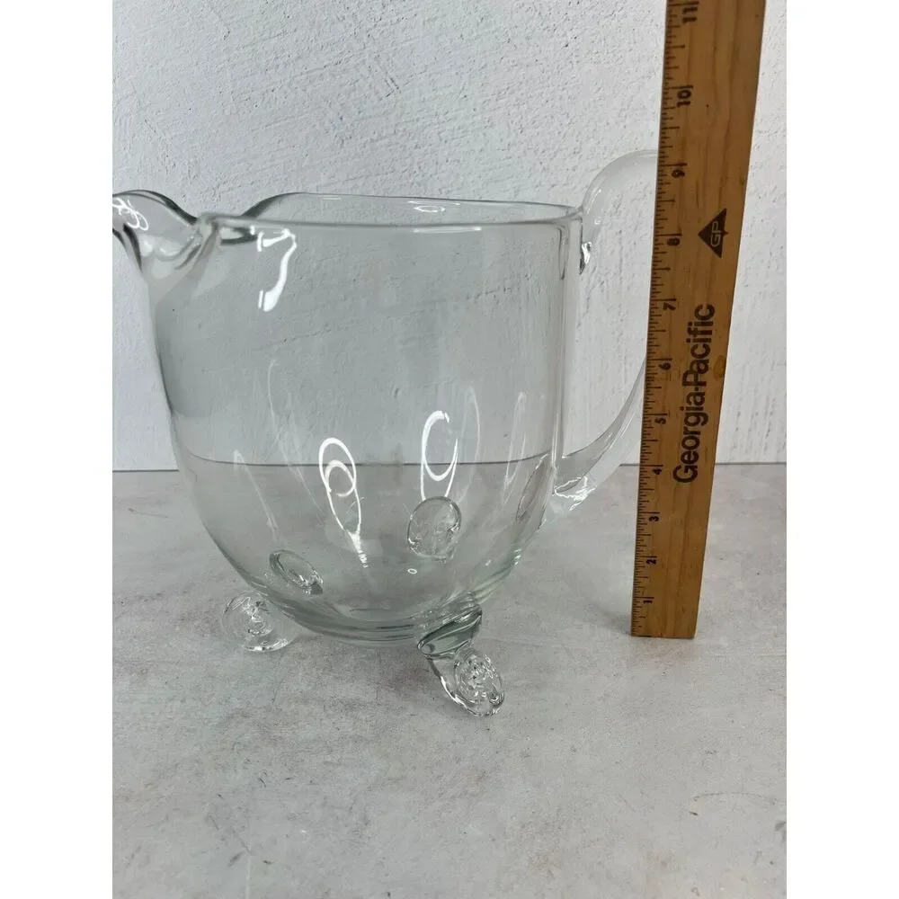 Vintage Blown Clear Glass Pitcher With‎ Three Legs & Handle Unique MCM Diffrent